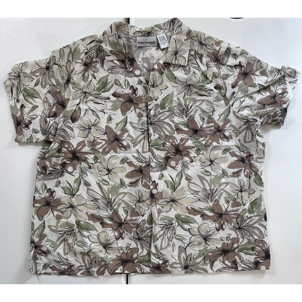 Vintage 90s Floral Button Up Shirt Women XL Beige Brown Green Rayon